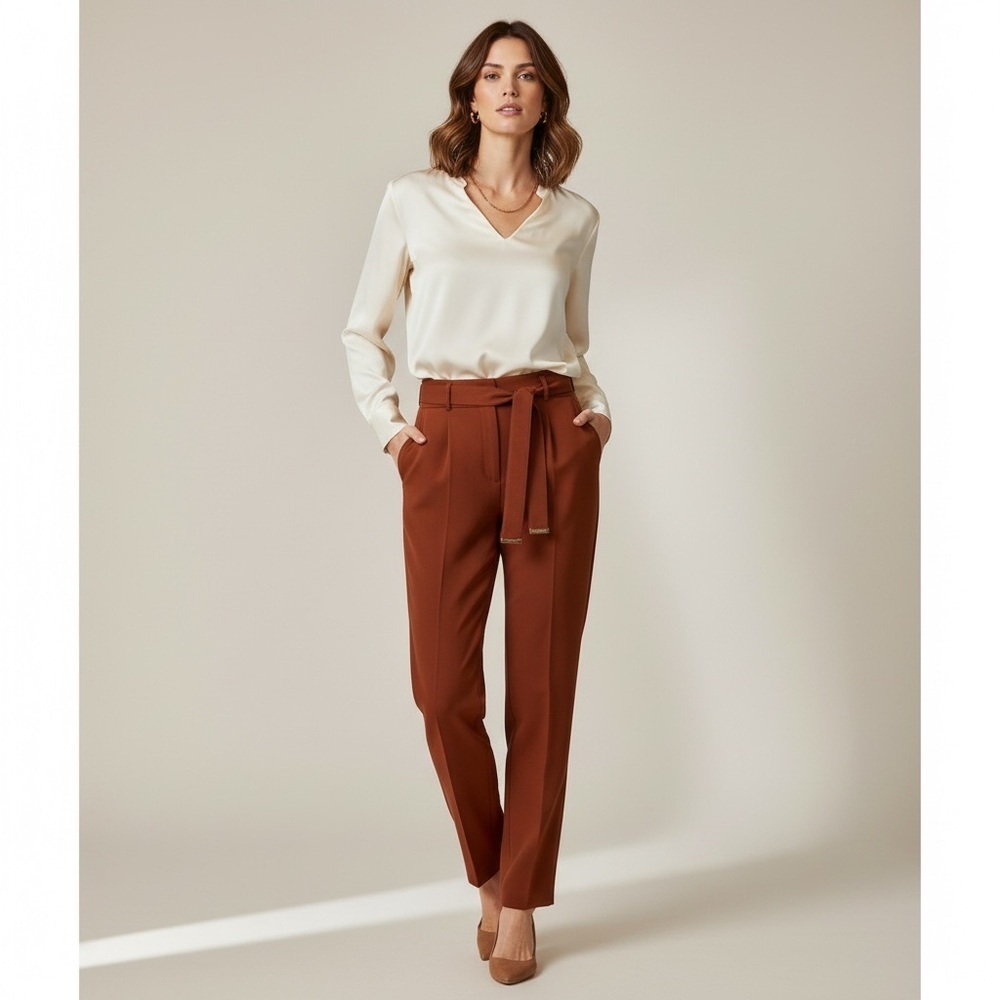 Anne Klein Rust Terracotta Belted Trousers Sleek High Rise Pants Office - Large